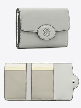 NWT🩶Tory Burch Small Robinson Pebbled Leather Wallet Light Granite Grey 165002